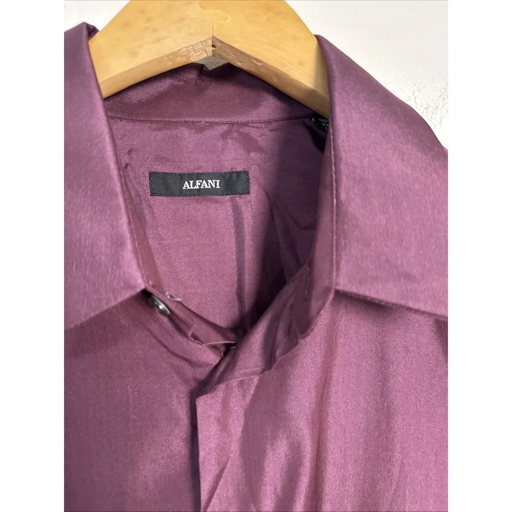 Alfani Mens Silk Burgundy Button Front Collar Long Sleeve Shirt Sz  L  16 34 /35